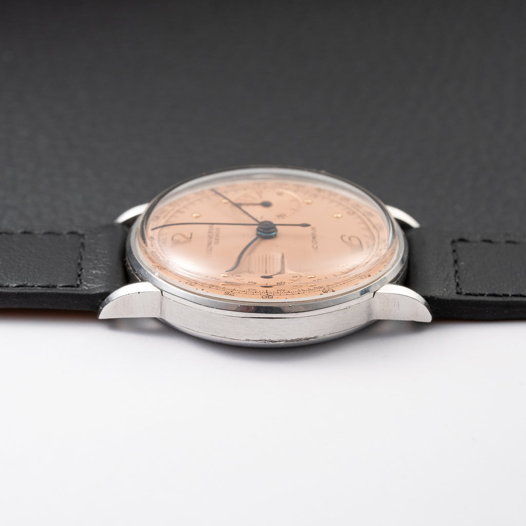 Universal Genève Compax Pink Salmon Dial Steel Fancy Lugs Calibre 285 Ref 22458 from 1940s