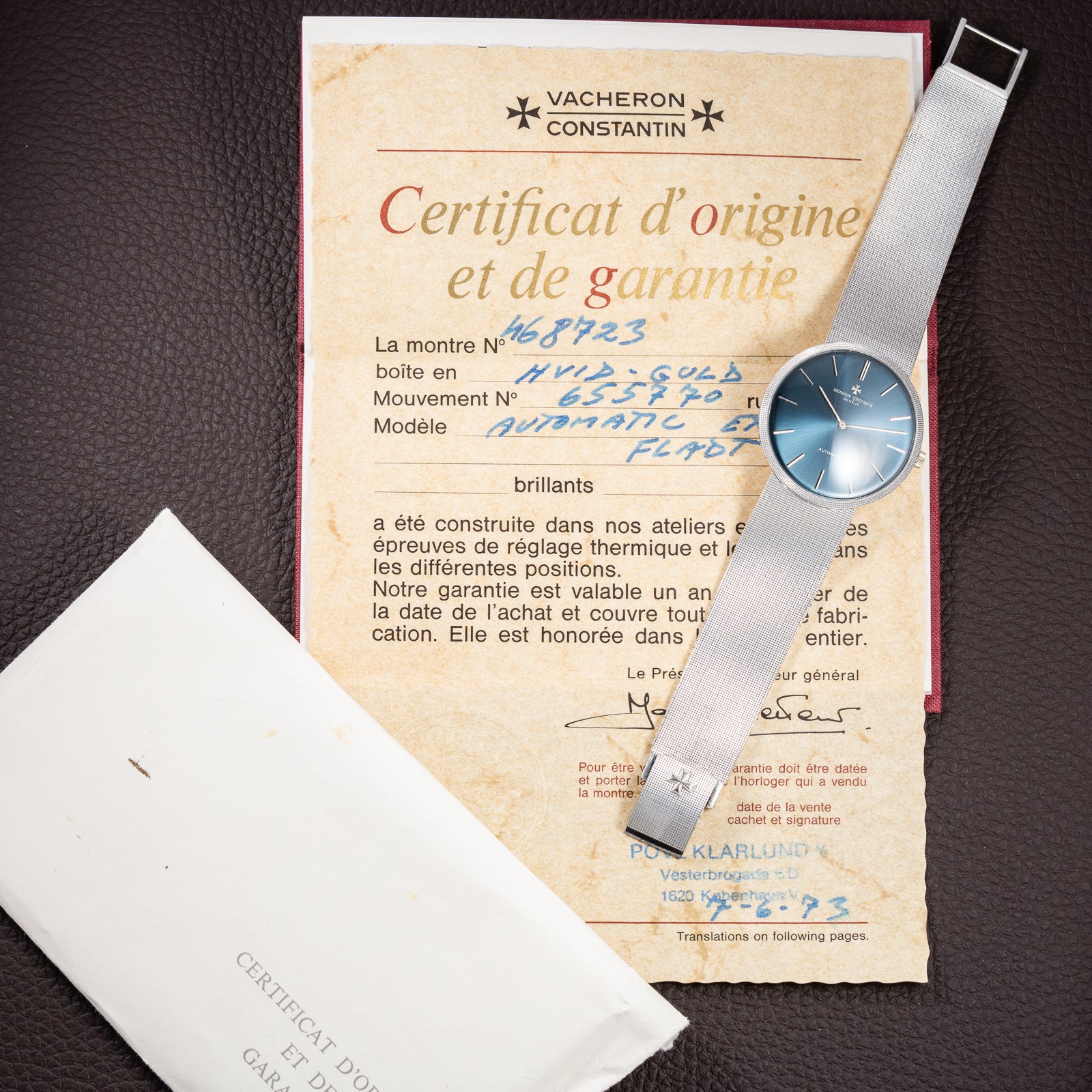Vacheron Constantin Automatic Blue Ultra-Thin 18K White Gold Clous de Paris Hobnail with Papers Ref. 7416 from 1973